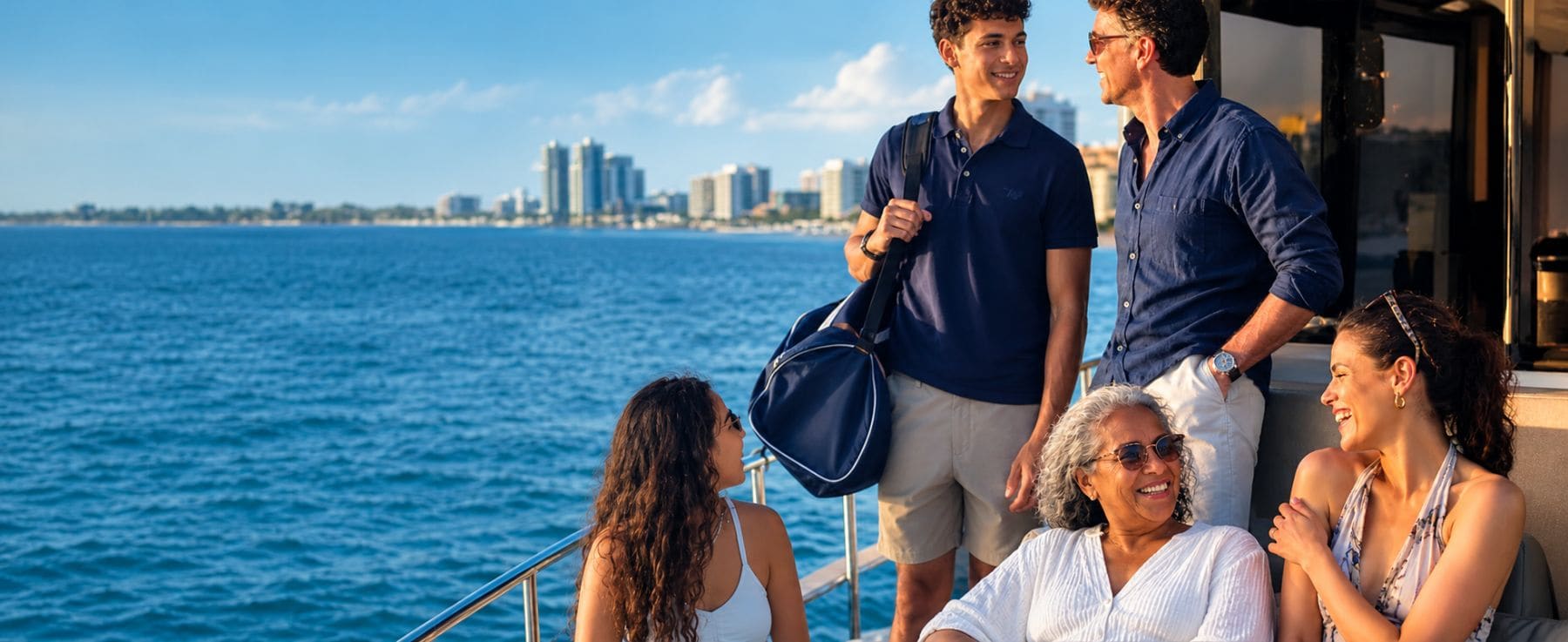 Family enjoying a boat cruise with city skyline view in background