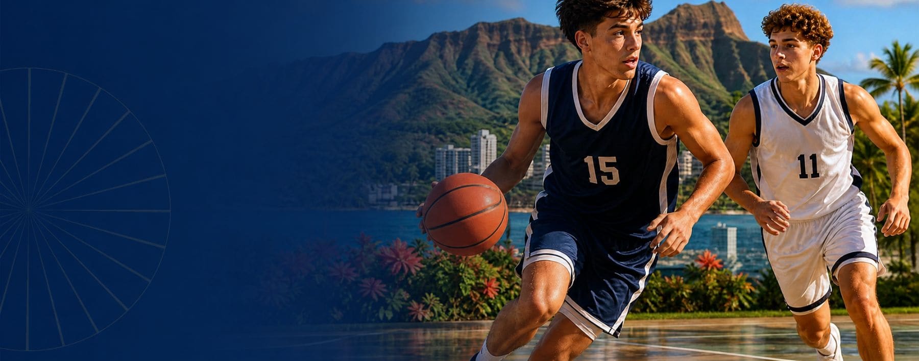 Two basketball players competing with ocean and mountain landscape backdrop
