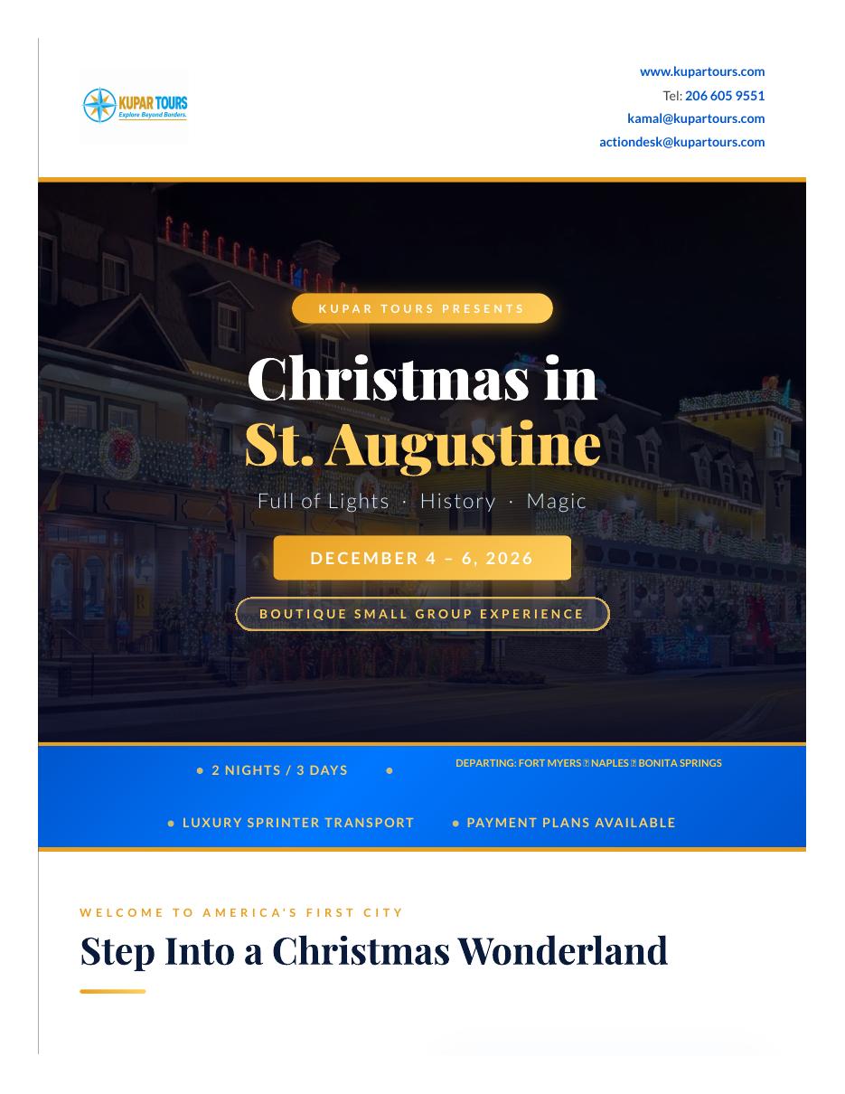 Kupar Tours Christmas in St. Augustine holiday tour flyer with festive downtown street decorations